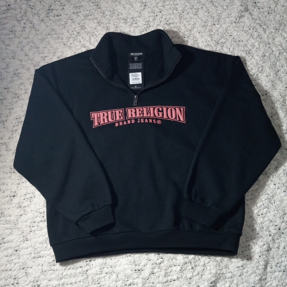 Mens True Religion Brand Jeans Logo Black Sweater Pullover Size M. NWT